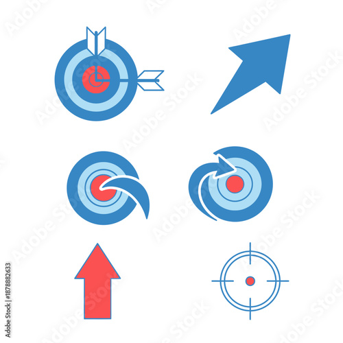 Collection of Blue and Red Target and Arrow Icons Representing Goals and Progress