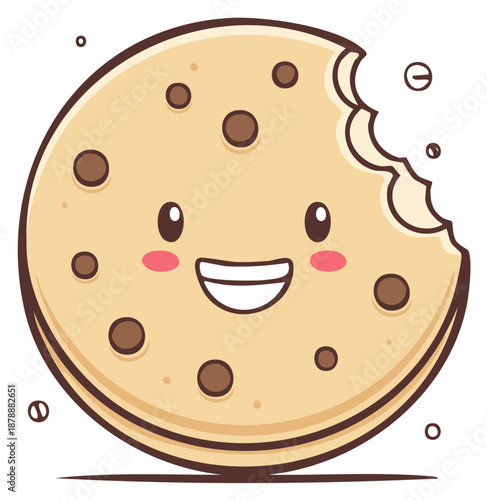 A cute happy chocolate chip cookie with a bite taken out smiling cheerfully vector illustration
