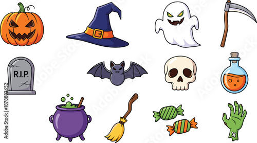 Collection of cute Halloween vector cartoon illustrations featuring spooky pumpkin, witch hat, ghost, skull, tombstone, vampire bat, and magic cauldron characters.