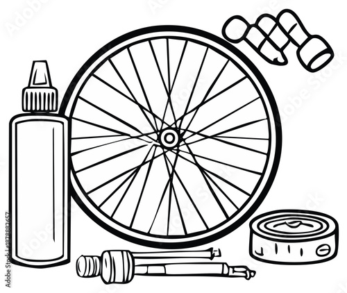Illustrative Line Art of Bicycle Repair Tools and Wheel for Home Maintenance and DIY Projects, a Black and White Graphic
