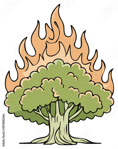 Vector cartoon illustration of a tree burning with orange flames wildfire concept