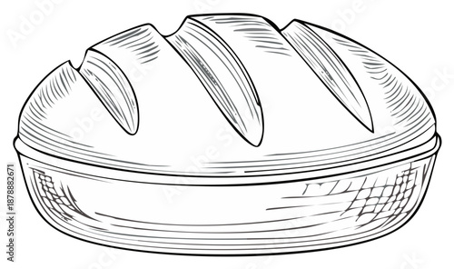Traditional rustic bread loaf in a woven basket illustration