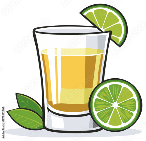 Tequila Shot with Lime Slice Refreshing Drink Vector Illustration for Bar Menu Design