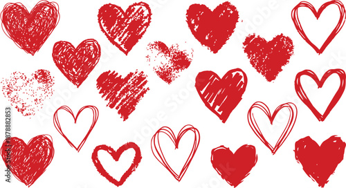 Set of Hand Drawn Red Heart Sketches Isolated on White Background for Valentine's Day Design Elements
