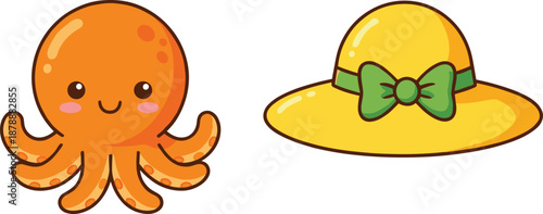 Adorable vector illustration set featuring a cute orange octopus character with a smiling face and a yellow wide-brimmed summer sun hat with green bow.