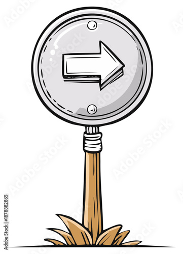 Cartoon illustration of a right pointing arrow on a metal signpost stuck in the ground providing clear direction