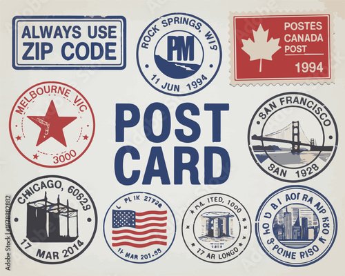 Collection of diverse vintage postcard stamps from different cities and countries travel and postage theme