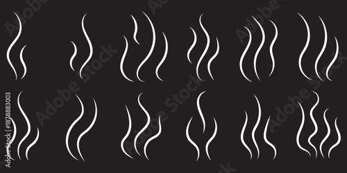 Smoke steam icon vector logo set. Smoke smell, steam aroma heat icon illustration. Hot vapor fire doodle line logo. Hit stink, coffee, fragrance flame elements. Vector illustration.