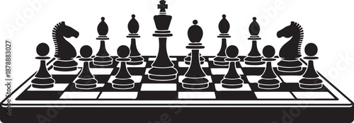 Black silhouette of a complete chess game setup showing all the pieces lined up on the board ready for play strategic intellectual sport competition