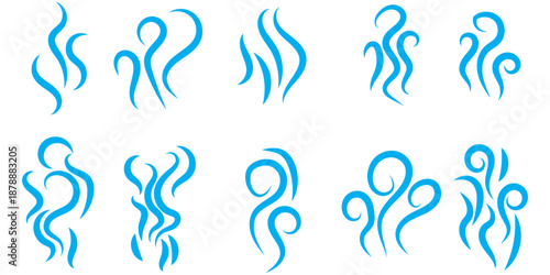 Smoke steam icon vector logo set. Smoke smell, steam aroma heat icon illustration. Hot vapor fire doodle line logo. Hit stink, coffee, fragrance flame elements. Vector illustration.