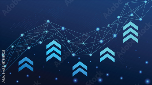 Business technology background featuring blue glowing network nodes and financial growth graph icons. Digital data transformation and corporate success concept.