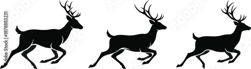 Vector illustration of wild deer silhouettes and a stag with antlers, featuring a cartoon buck and elk head icons for winter nature or Christmas art