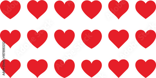 Collection of Eighteen Red Heart Icons Arranged in a Grid Pattern on White Background for Valentines