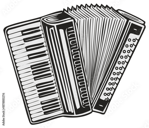 Illustration of Musical Accordion Instrument Black and White Outline Style