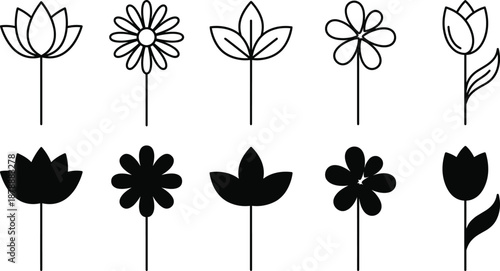 Minimalist flower icon set featuring various floral species in black line art and solid silhouette styles isolated on white for logo and branding design