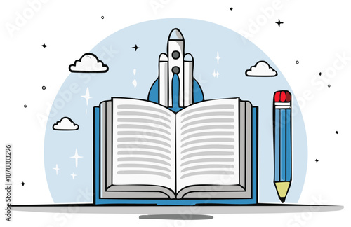 Open book with rocket and pencil symbolizing education space travel and learning