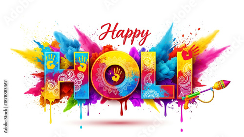 Holi colorful festival celebration with vibrant powder splashes traditional water gun design expressing joy culture unity happiness artistic festive background
