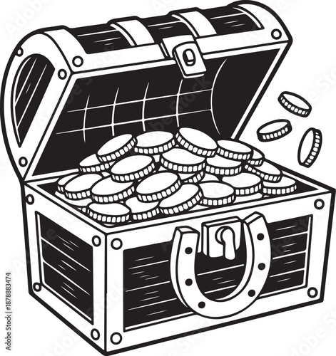 Ancient wooden treasure chest overflowing with golden coins, pirate loot symbol, wealth and riches illustration.