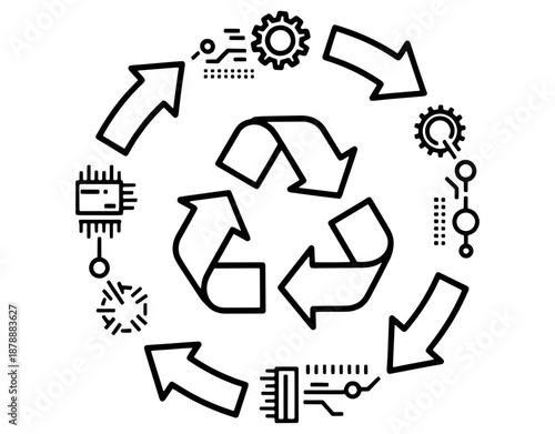 Circular Economy and E-waste Recycling Icon. Minimalist Vector Illustration of Recycle Symbol with Gears and Circuits for Sustainable Technology and Green Electronics Concept Design.