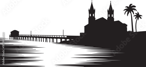 Tropical coastal silhouette featuring long wooden fishing pier extending into rippling ocean water beside religious architecture and palm trees.