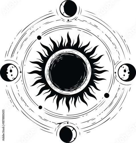 Mystical Sun and Moon Phases Celestial Symbol.
