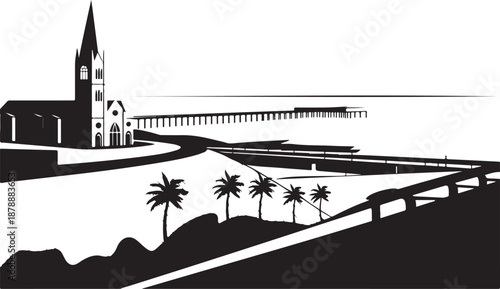 Detailed coastal panorama silhouette displaying magnificent gothic church structure overlooking distant pier roadway and foreground tropical palm trees.