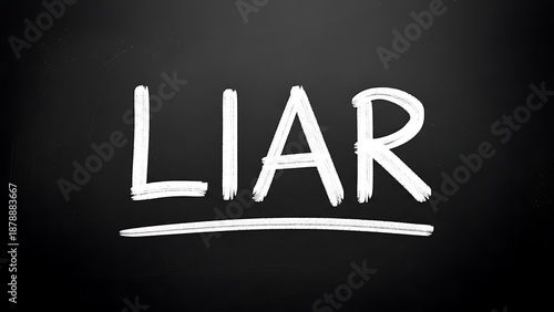 Chalkboard drawing prominently displays the accusing word liar underlined with thick white chalk strokes against a dark surface background.
