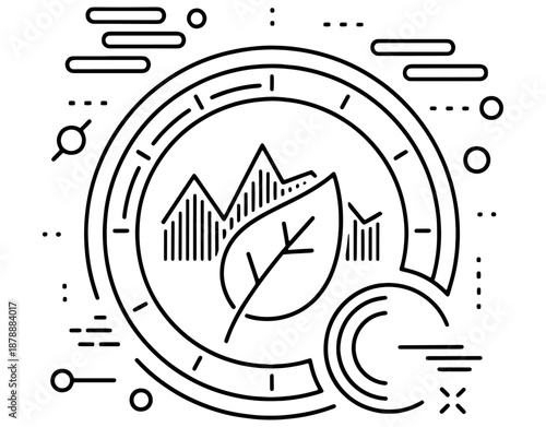 Sustainable Financial Metrics and Eco Growth Icon. Minimalist Vector Illustration of a Gauge with Leaf and Business Graph for Environmental Performance and Green Economy Concept.