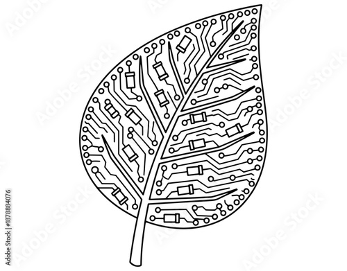Digital Green Technology and Biotechnology Icon. Minimalist Vector Illustration of a Leaf with Electronic Circuit Board Pattern for Sustainable Innovation and Future Eco Tech Concept.