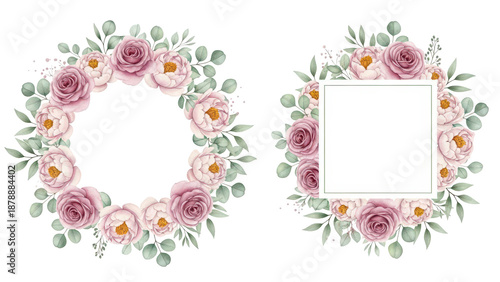 Watercolor floral illustration. Pink flowers and eucalyptus greenery bouquet. Dusty roses, soft light blush peony border, wreath, frame. Perfect wedding stationary, greetings, fashion, background