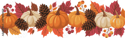 Autumn harvest border featuring pumpkins pinecones colorful leaves and berries for seasonal decoration