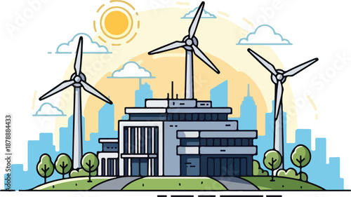 Modern building with wind turbines for sustainable energy.