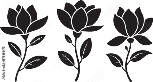 Silhouetted black flower blossoms on stems with leaves representing nature botany garden flora concept in vector