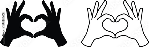 Heart Hand Gesture Vector Icon Set, Silhouette and Line Art Illustration of Loving Hands Symbol