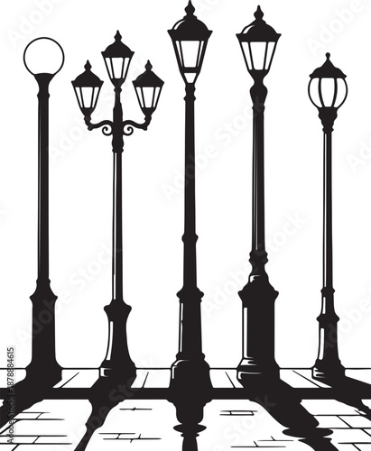 Set of vintage streetlights with shadows on cobblestone pavement, isolated on transparent background.