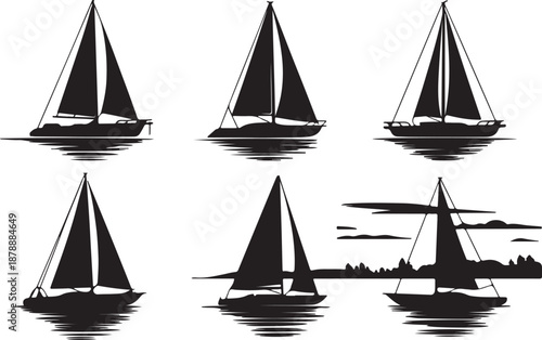Six sailboat silhouettes on water with reflections, representing freedom and journey on transparent background.