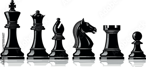 Full set of black chess pieces with realistic highlights and reflections isolated on a white background.