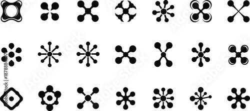 Abstract Molecular Icon Grid Featuring Symmetrical Black Designs Representing Connectivity, Atomic Models, and Network Structures for Scientific and Artistic Use