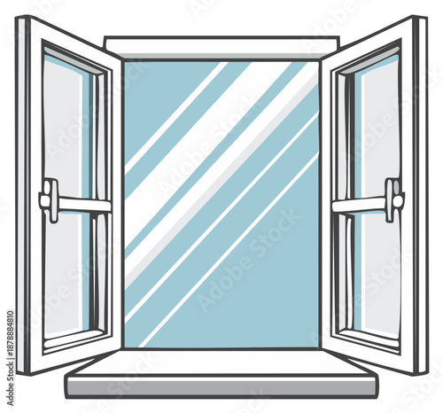 Open White Window with Glass Panes and Light Blue Reflections