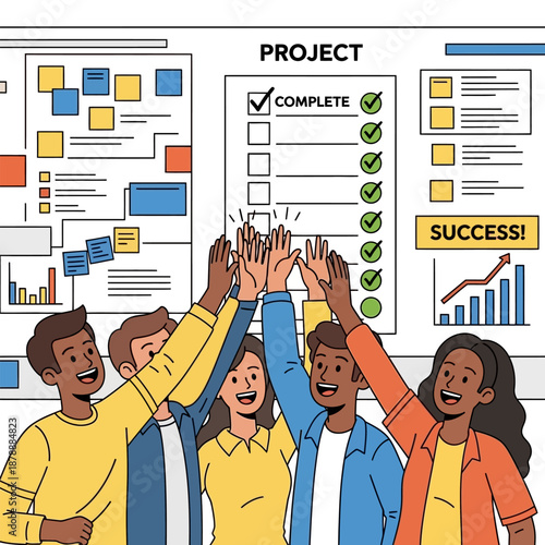 Successful Project Completion and Teamwork Celebration with High Fives and Progress Charts