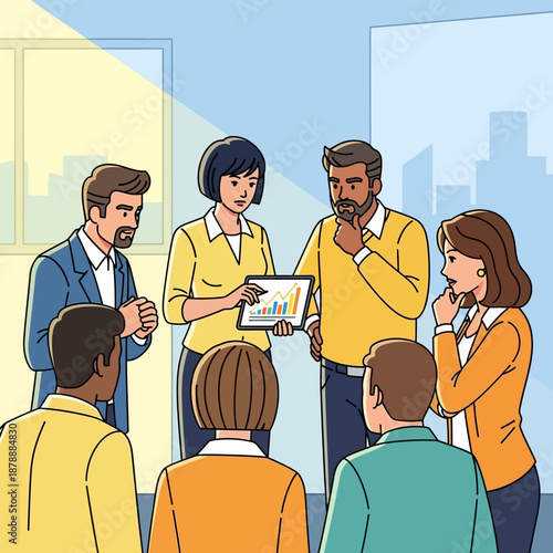 Diverse group of professionals collaborating in a modern office setting, analyzing data on a tablet