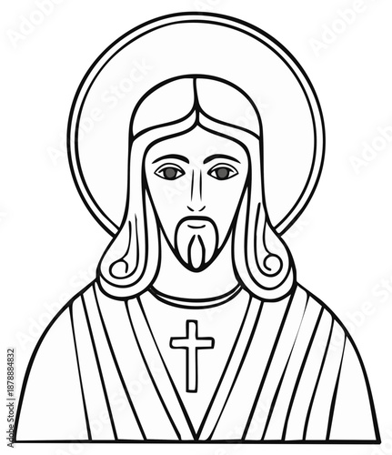 Jesus Christ Portrait Black And White Line Art Icon with Halo and Cross