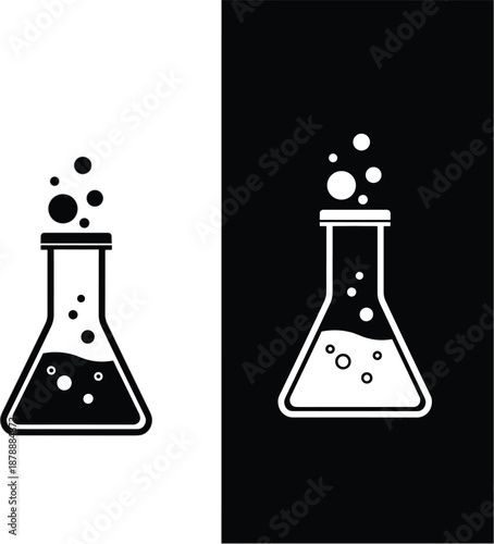 Stylized Laboratory Flask Illustration Showing Chemical Reaction with Bubbles in Contrasting Black and White Backgrounds for Science-Themed Visual Design
