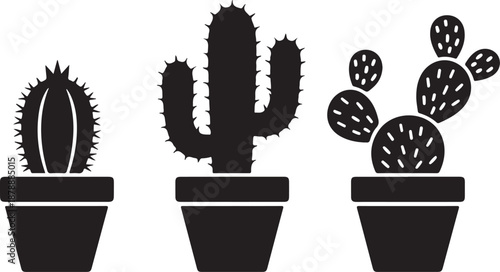 Set of three potted succulent houseplants prickly pear and various spiky cactus silhouettes vector illustration isolated on transparent background for home decor