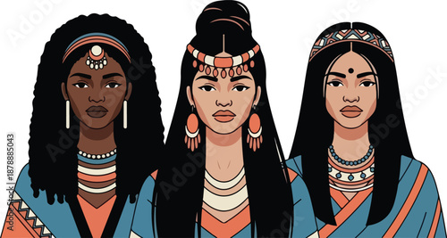 Three Native American Women in Traditional Attire.