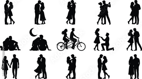 Set of Romantic Couple Silhouettes: Vector Illustrations of Love, Kissing, Dancing, and Proposals