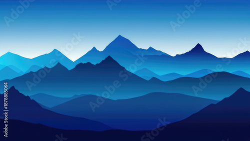 Abstract layered mountain landscape in deep blue tones with smooth gradients and stylized silhouettes, calm scene inspired by nature, for travel concepts, meditation visuals, digital wallpapers