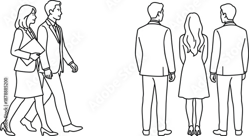 Minimalist line art illustration of professional business people walking and standing in suits isolated on white background for corporate office teamwork concept