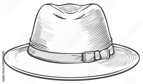 Vintage engraved fedora hat illustration with wide brim and decorative band