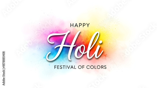 Happy Holi festival of colors greeting design with vibrant watercolor splash typography creative celebration background for cultural events branding posters and marketing
